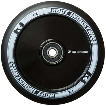 This black Root Industries AIR Hollowcore scooter wheel, measuring 120mm, features a stylish black inner rim. It prominently showcases the iconic Root Industries logo and "R" on the rim, making it an excellent choice for any stunt enthusiast.