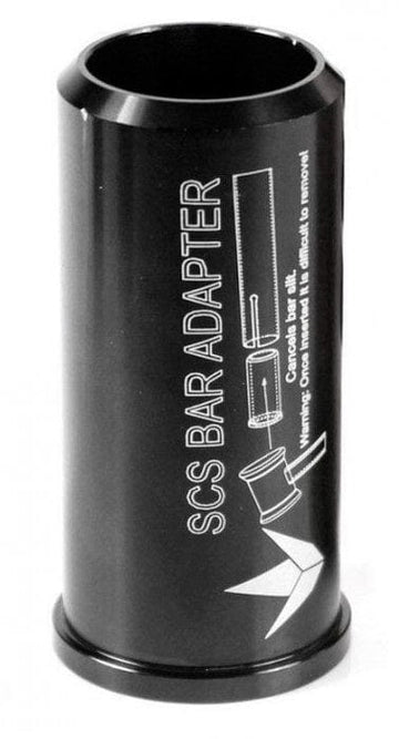 The Blunt Envy SCS Scooter Bar Adapter - Oversized is a stylish black cylindrical adapter with white text designed for converting bar systems. It fits seamlessly onto HIC bars or oversized internal diameter bars and includes a detailed illustration showing the adapter securely attached to any compatible bar.