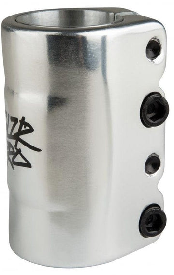 The Blazer Pro 4 Bolt Oversized SCS Stunt Scooter Clamp in silver features a smooth, cylindrical design with an open edge, perfect for securing scooter parts. It is crafted by Blazer Pro and showcases a subtle graffiti-style logo on the side, complete with three black screws.