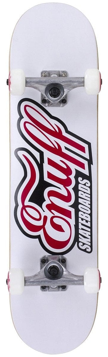The Enuff Classic Logo White Complete Skateboard, measuring 7.75" x 31.5", features a white deck with "Enuff" in red script and "Skateboards" in black, along with Enuff Decade trucks and white wheels, making it ideal for beginners.