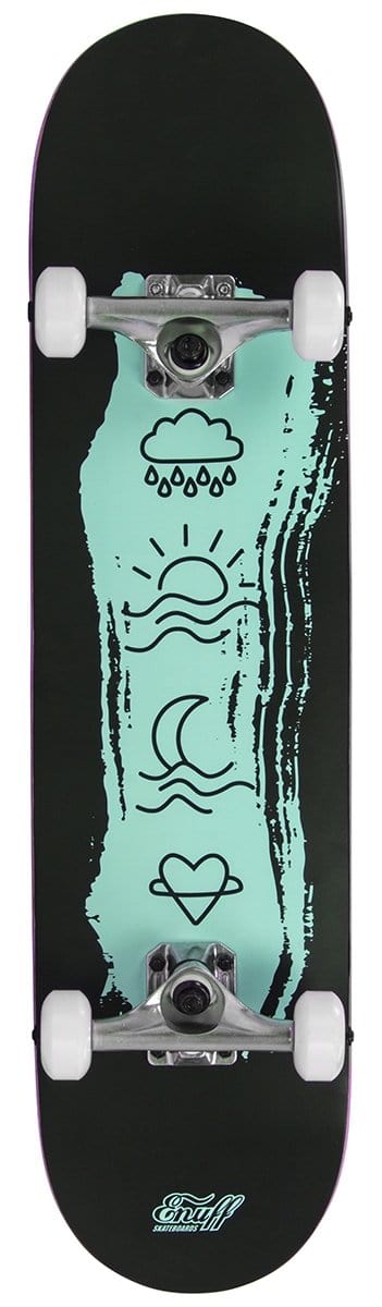 The Enuff Icon Green Complete Skateboard - 7.75" x 31.5" from Enuff features a striking teal deck adorned with black line art of a cloud, rain, sun, crescent moon, and heart against a pastel-colored bold brushstroke background. Equipped with white wheels, silver trucks, and smooth ABEC 7 bearings, this skateboard offers an artistic ride.
