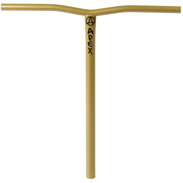 The Apex Bol Steel Standard SCS Stunt Scooter Bars in Gold, measuring 590mm x 560mm, showcase a durable T-shaped handlebar made from high-quality 4130 Chromoly Steel. Designed for enhanced strength, these bars feature the "APEX" logo vertically and an "A" emblem above it, with a sleek and scratch-resistant finish to maintain durability and style.