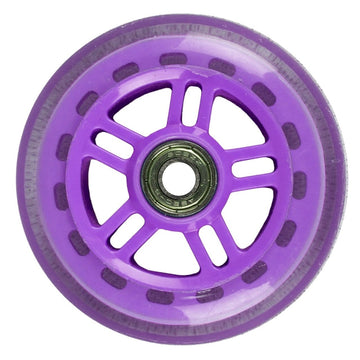 The JD Bug Original Street 100mm Scooter Wheel in purple showcases a close-up view, highlighting its translucent outer edge, spoke-like design, ABEC 5 bearings, and visible metal core, all embodying JD Bug's signature style.