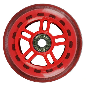 Close-up of a JD Bug Original Street 100mm Scooter Wheel in red, showcasing its core with ABEC 5 bearings. The wheel includes rectangular cutouts around the hub, subtly exposing the metal inside. Its smooth outer surface shows minimal wear, ensuring a sleek ride.