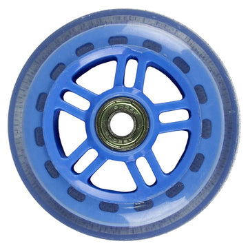 A close-up image of a JD Bug Original Street 100mm Scooter Wheel in Sky Blue, showcasing its ABEC 5 bearing at the center. The wheel is designed with multiple spokes and features a transparent outer edge.