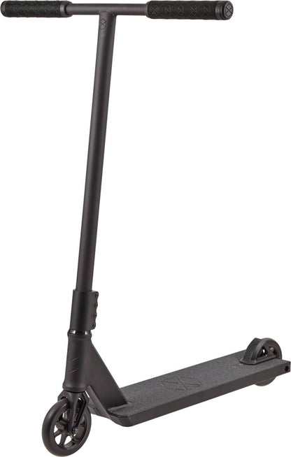 The Native Stem 495mm S Complete Stunt Scooter in black features a T-shaped handlebar, textured grips, small wheels, and a flat deck—ideal for beginners learning new tricks.
