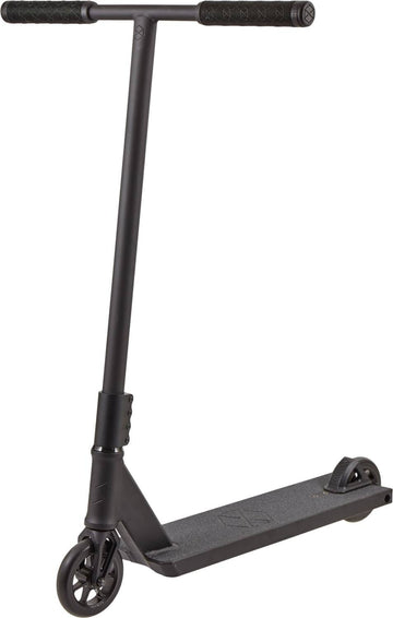 The Native Stem 560mm XL Complete Stunt Scooter - Black features a T-bar, textured grips, small wheels, and a flat deck—perfect as a street scooter or for tall riders.