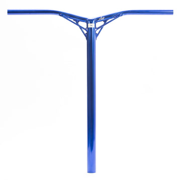 The Logic Axis V2 Aluminium Oversized IHC Stunt Scooter Bars in blue, measuring 610mm x 610mm, showcase a T-shaped design with a reinforced crossbar made from aluminum. Set against a plain white background, these lightweight scooter bars from Logic deliver superior performance and style.