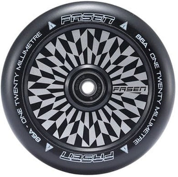 The Fasen Hypno Offset 120mm Stunt Scooter Wheel in black exemplifies the signature style of Fasen wheels. It features a geometric black and white patterned core with "FASE7" and "ONE TWENTY MILLIMETRE" inscribed on its lightweight, hollow core design that reveals the central hub.