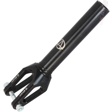 The Apex Quantum SCS/HIC Stunt Scooter Forks - Black, produced by Apex, boast a sleek tubular design with a prominent logo on the side. This durable scooter fork upgrade includes two screw holes for easy attachment and is displayed against a clean white background.