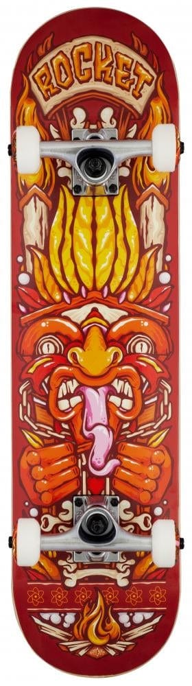 The Rocket Chief Pile-Up Red Complete Skateboard (7.75" x 31") for beginners features a bold tribal graphic, flames, and "ROCKET" in yellow. Made with 7-ply hardrock maple and durable aluminum trucks for smooth rides.