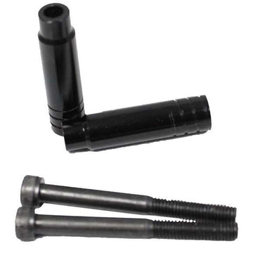 Against a white background, two black brackets and two black screws with threaded ends are displayed. These Dare Sports Mini Stunt Scooter Pegs by Dare are designed for versatility, featuring grooves on their surfaces for enhanced grip or adjustment, making them an ideal addition to any stunt scooter setup.