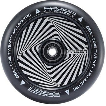 Close-up of a black and white scooter wheel featuring the eye-catching, hypnotic pattern of the Fasen Hypno Square 120mm Stunt Scooter Wheel at its center. The words "Fasen," "86A," and "One Twenty Millimetre" are printed around the edge, highlighting it as the lightest 120mm wheel in its class.