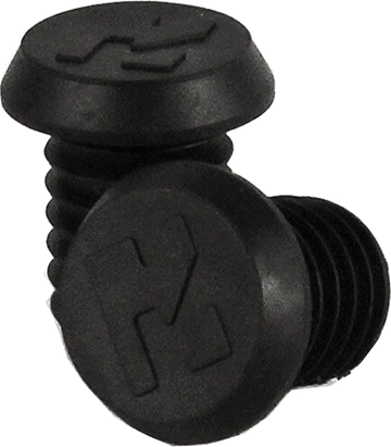Two Root Industries Standard Bar Ends in black, crafted from plastic with a threaded design and flat tops, feature a raised, stylized letter that resembles an "L" or "7" on each. Positioned at slight angles, these bar ends complement any setup just like Root Industries' steel handlebars enhance any ride.