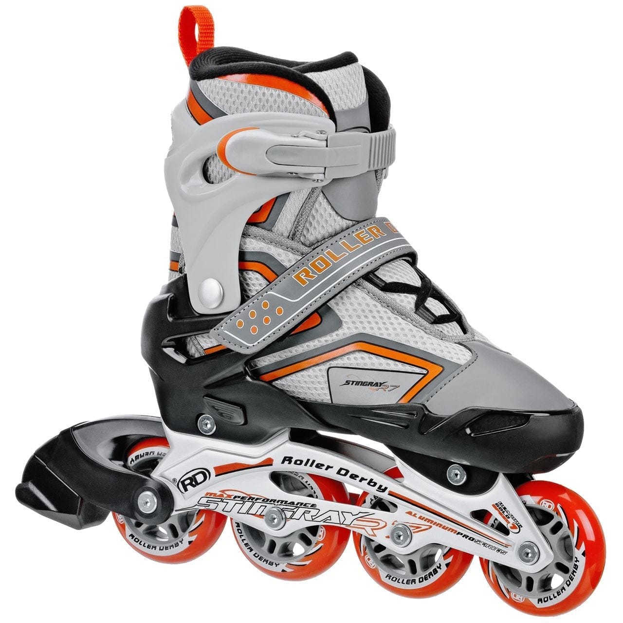 The Roller Derby Stingray R7 Adjustable Inline Skates in grey and orange feature a four-wheel design with red wheels on an aluminium pro-style frame. The boot combines mesh and plastic for durability, offering reinforced ankle support, and is equipped with straps labeled "Roller" and "Strikartz Performance Series." The frame proudly displays the "Roller Derby" branding.