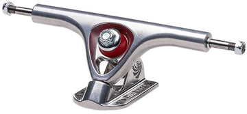 Presenting the Paris V3 Polished Chrome Longboard Trucks (Pair) - 180mm, a premium option from Paris. These skateboard trucks boast a polished chrome finish and feature striking red bushings. Crafted using a proprietary alloy forming process, they include dual axles that extend horizontally on each side and have base-mounted holes for seamless attachment to your skateboard deck.