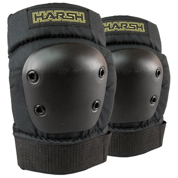 Featuring adjustable straps and hard plastic shells, the Harsh Pro Park Elbow Skate Protection Pads provide superior durability in a sleek black design. The Harsh brand name is prominently displayed on the top of each pad, guaranteeing reliable impact resistance for challenging conditions.