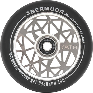 A close-up of the Neo Silver Oath Bermuda 120mm stunt scooter wheel showcases the brand "Oath" with a geometric, triangular pattern on the hub. It is equipped with high-grade Oath Fidelity bearings for excellent corrosion resistance and includes size and specification details.