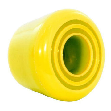 Introducing the Rio Roller Toe Stops in a radiant yellow hue, designed by Rio Roller. These toe stops boast a barrel shape reminiscent of skateboard bushings, echoing simplicity with their hollow center and vibrant color. The cylindrical design features a wider base that gently tapers towards the top, making them an ideal choice for roller skate enthusiasts who value both style and performance.