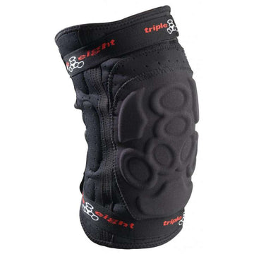 The Triple 8 ExoSkin Knee Skate Protection Pads in black feature striking red and white text, making them the perfect choice for extreme sports enthusiasts.