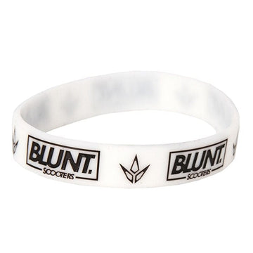 The Blunt Envy Stunt Scooter Wristband in white is a sleek silicone accessory adorned with the "BLUNT SCOOTERS" text and the Blunt Envy logo printed in black repeatedly around the band—a must-have for enthusiasts.