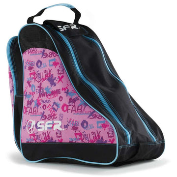 The SFR Designer Ice & Skate Bag - Pink Graffiti is a water-resistant roller skate bag in black and pink with blue trim, featuring a graffiti-style pattern with words like "awesome" and "skate." It showcases the brand name "SFR" prominently in white on the side and handle.