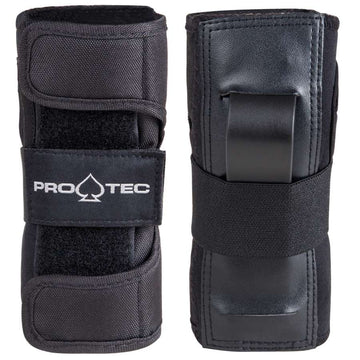 Introducing the Pro-Tec Street Skate Protection Wrist Guards - Black: a pair of ergonomically designed black wrist guards from Pro-Tec, featuring splints for enhanced support. The left guard displays the "Pro-Tec" spade icon while the right includes a protective plastic plate, all secured with adjustable Velcro straps.