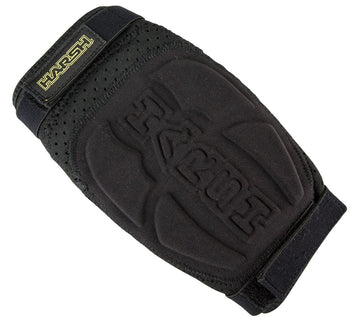 The Harsh Pro FlexFit Elbow Gasket Skate Protection Pad in black offers multi-point padding and a strap for secure fitting. It is designed with ventilation holes and features a prominent Harsh logo in the center.