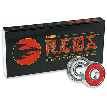 Bones REDS Skateboard Bearings - 8 Pack, widely favored in the extreme sports community, with two metal and red bearings prominently showcased in the front.