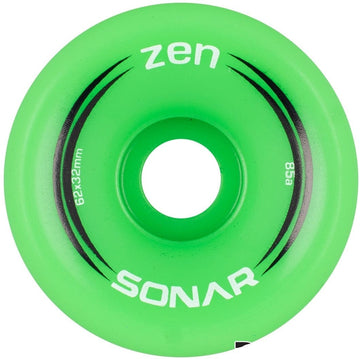 The Radar Sonar Zen 85A Quad Roller Skate Wheel is an affordable and vibrant green option, featuring "Zen" and "Sonar" printed in white. This wheel measures 62x32mm and has a durometer rating of 85a, with sleek black decorative lines curving around the center hole. It is ideal for those seeking quality Sonar Quad Skate wheels.