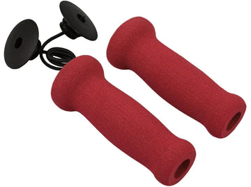 Enhance your JD Bug scooter experience with the JD Bug Original Street Foam Scooter Grips in red, featuring super soft foam handlebar grips connected by black plastic end caps and a short rubber cord.