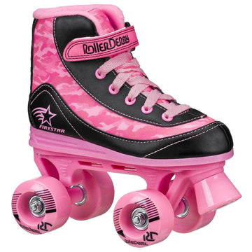 The Roller Derby Firestar V2 Quad Roller Skates in Pink Camo feature a striking camouflage pattern on the upper, coupled with four durable polyurethane wheels. They come with pink laces and have branding on the side, combining style with practicality.