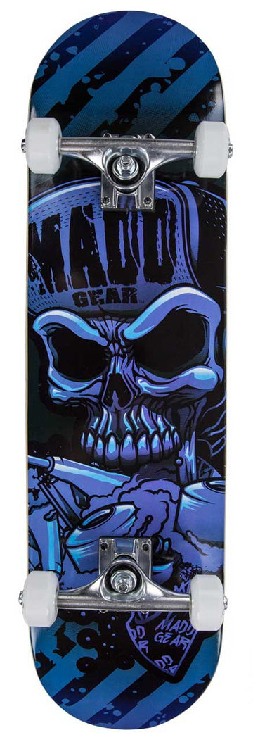 The Madd Gear MGP Pro Series Hatter Blue / Black Complete Skateboard, measuring 8" x 31", showcases a dark and edgy design with a striking skull graphic in blue and black. Featuring "MADD GEAR" text, this skateboard is equipped with ABEC 3 bearings, white wheels, silver trucks, and a durable 9-ply maple deck. It offers both style and performance for skaters seeking an impressive ride.