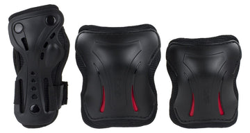 Introducing the SFR Essentials Junior Triple Skate Protection Pad Set - Black: an entry-level protection kit set against a white backdrop. This sleek black gear includes knee pads, elbow pads, and wrist guards with red accents, enhanced with impact caps for added safety. Perfect for young thrill-seekers!