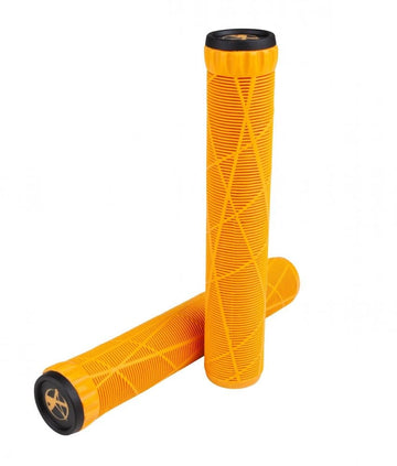 The Addict OG Orange Stunt Scooter Grips - 180mm, made from super soft TPR for optimal comfort, come in a vibrant orange hue and are topped off with a black cap featuring an engraved design. Against a white backdrop, one grip stands vertically while the other leans against it.