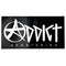The Addict Scooters Logo Sticker - Black features bold white text that says "Addict Scootering" against a black background. A stylized "A," resembling a star or an anarchy symbol, embodies the rebellious spirit of the Addict brand, making it perfect as a large logo sticker.