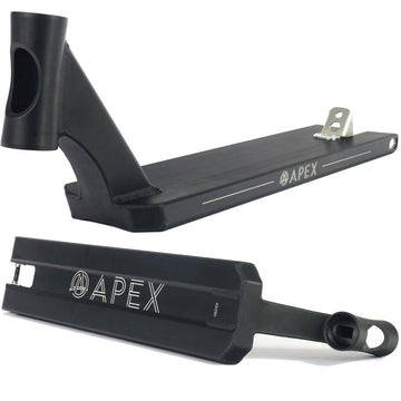 The Apex Pro Black Boxed Stunt Scooter Deck, measuring 5" x 20.1", features two unique views in its design: the top showcases the brand's signature style and incorporates a distinctive cutout near the end, while the underside displays the Apex logo alongside mounting points. Crafted for optimal performance, this durable deck is ideal for riders who prioritize reliability.