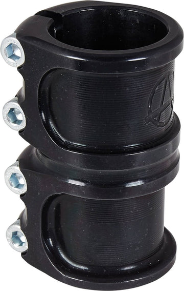Introducing the Apex Lite 4 Bolt Oversized SCS Stunt Scooter Clamp in black, featuring a double-sectioned CNC machined metal design. It comes with shiny hex screws on the left and displays a subtle logo on the right, making it ideal for securely fastening circular objects such as handlebars.