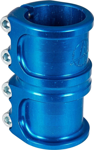 The Apex Lite 4 Bolt Oversized SCS Stunt Scooter Clamp by Apex is a robust blue clamp made from durable 7075 Aluminium. It includes four hex bolts, a textured finish, and prominently displays the Apex logo, making it perfect for securely fastening parts on scooters or similar equipment.