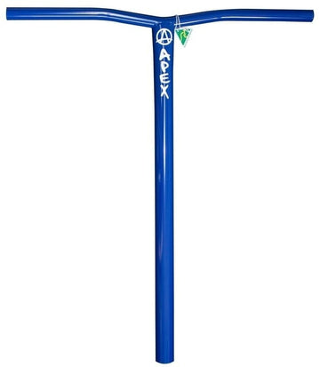 The Apex Bol Steel Standard SCS Stunt Scooter Bars in blue, measuring 590mm x 560mm, proudly display the brand name "APEX" and are expertly crafted from durable 4130 Chromoly Steel. This Australian-made handlebar features a distinctive "T" shape, with slightly curved ends and a small green tag for added style.