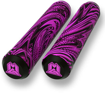 Two foam rollers with a vibrant purple and black swirl pattern, similar to the Madd Gear MGP Swirls Grind Stunt Scooter Grips. The ends feature a logo with a stylized "M" in purple, made from TPR material for enhanced durability.