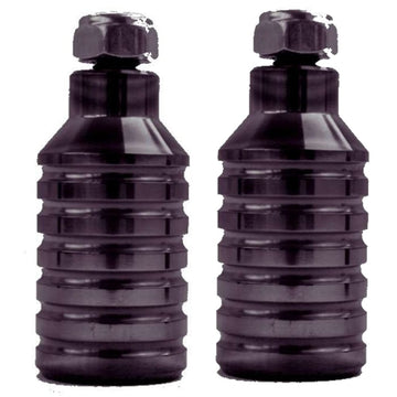 Standing side by side against a white background are two black, ribbed Dare Sports Stunt Scooter Pegs from the Dare brand. With their hexagonal tops and CNC-machined construction, they resemble sleek and sturdy industrial components or tools, showcasing precision and durability.