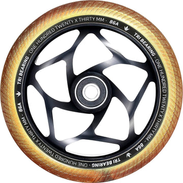 The Blunt Envy Tri-Bearing 120mm x 30mm Scooter Wheel in Black/Gold boasts a sleek black rim and a 120mm diameter, enhancing control with its innovative Tri-Bearing design.