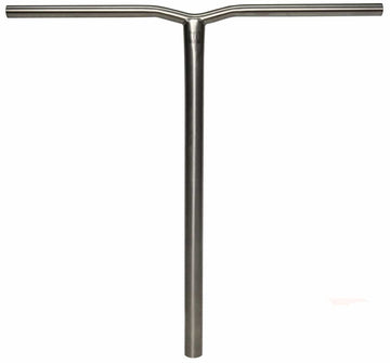 The handlebar, a Madd Gear MGP MFX BAMF Titanium Oversized SCS Stunt Scooter Bar, features a sleek T-shaped design crafted from Grade 9 Titanium to ensure durability and strength. Its smooth finish enhances its sophisticated aesthetic, making it the perfect choice for those seeking high-quality scooter bars without extra grips or features.