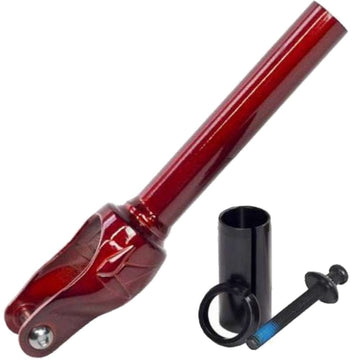The Blunt Envy Colt IHC Stunt Scooter Forks in Trans Red, accompanied by a matching red clamp, a black spacer, and a bolt with a blue thread section, are set against a white background. This arrangement is ideal for riders who appreciate the Blunt Envy Colt aesthetic.