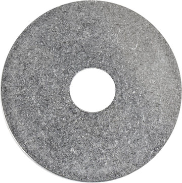 The Dial 911 M8 SCS Compression Cap - Standard Sized, from the Dial 911 brand, is a large silver metallic washer with a smooth, circular shape and a central hole. Displayed on a white background, its textured surface suggests a galvanized finish that gives it a mottled appearance, reminiscent of those used for scooter forks in M8 threads.