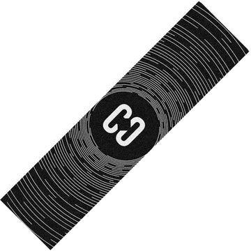 The CORE Classic Stunt Scooter Griptape - Circles, by CORE, showcases a black rectangular design adorned with white concentric lines forming a captivating ripple effect. At the center, two interlocking "C" letters compose the logo. This sleek griptape is an ideal choice for customizing scooter decks and infusing an abstract touch into any stunt scooter setup.