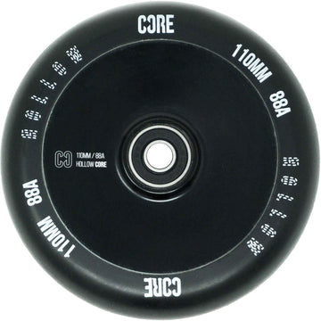 The CORE Hollow Core V2 110mm Stunt Scooter Wheel in black showcases a sophisticated hollow core design, with "CORE" and "110MM 88A" elegantly inscribed around the wheel’s rim in crisp white text. It is equipped with high-precision ABEC-9 bearings at the center.