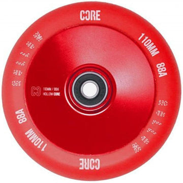 Introducing the CORE Hollow Core V2 110mm Stunt Scooter Wheel in Red, featuring a striking solid red design with "CORE" and "110MM 88A" text around the edge. Crafted for high-performance rides, this lightweight wheel boasts a hollow core center, making it an ideal upgrade for your stunt scooter.