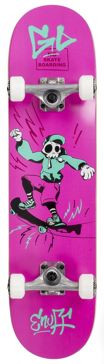 The Enuff Skully Pink Mini Complete Skateboard, ideal for your skateboarding adventures, showcases a pink deck with white wheels and features a cartoon skeleton wearing a baseball cap performing tricks. The phrase "Skate Boarding" is prominently displayed at the top in graffiti style while "Snuff" adorns the bottom.